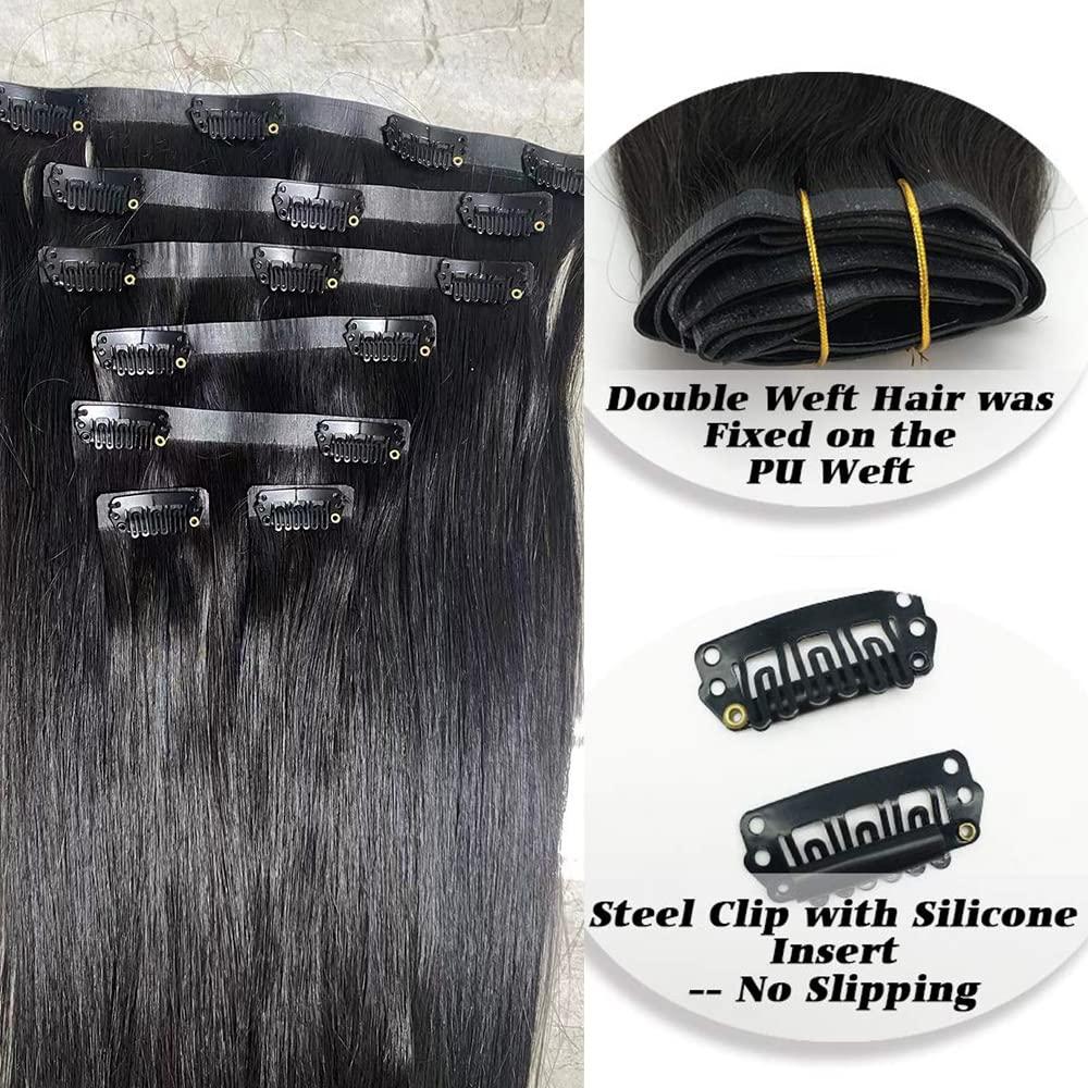 YOUNG BEAUTY Seamless Clip in Hair Extensions Real Human Hair Invisible PU Skin Weft Clip Ins Hair Silky Straight Double Weft Brazilian Hair 100g