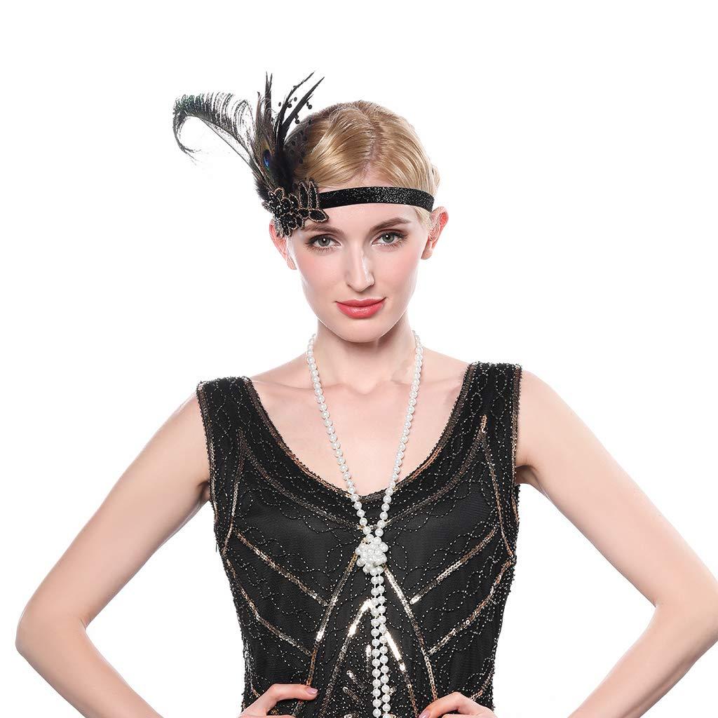 Aimimier Aimimier 1920s Flapper Peacock Feather Headband Beaded Sequined Costume Headpiece with Elastic Band Carnival Party Showgirl Roaring Hair Jewelry