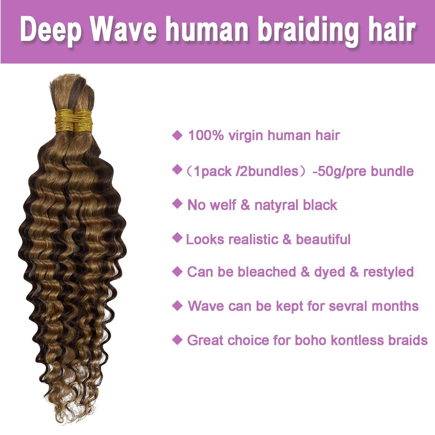 ONICE Human Braiding Hair For Boho Braids Deep Wave Bulk Human Hair for Braiding Wet And Wavy Human Braiding Hair Extensions No Weft 100% Brazilian Virgin Curly Human Braiding Hair (24 Inch, 4/27)
