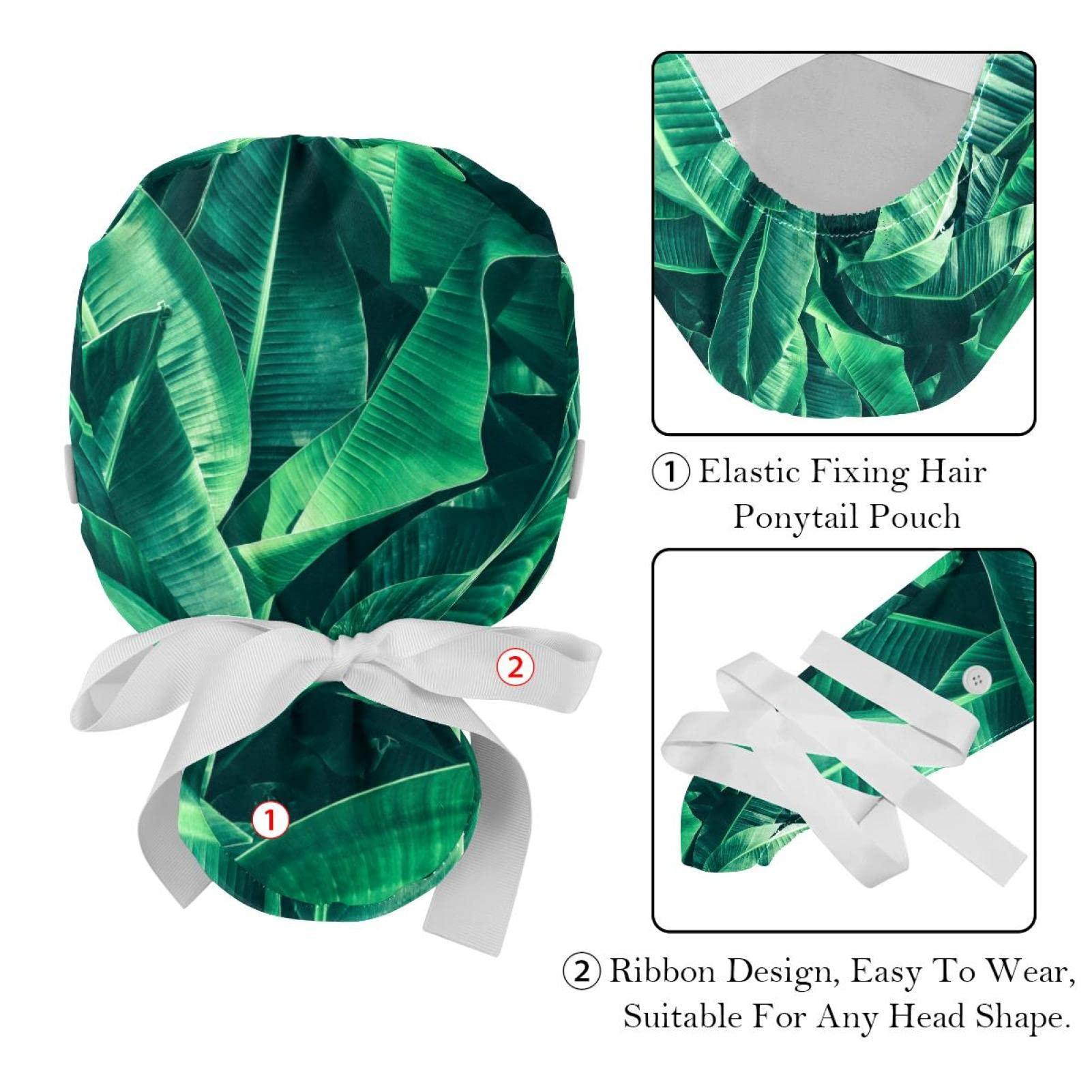 Lyetny Tropical Banana Leaf Scrub Caps Hats Women Bouffant Working Hat Ponytail Holder for Women Long Hair Covers 2PCS