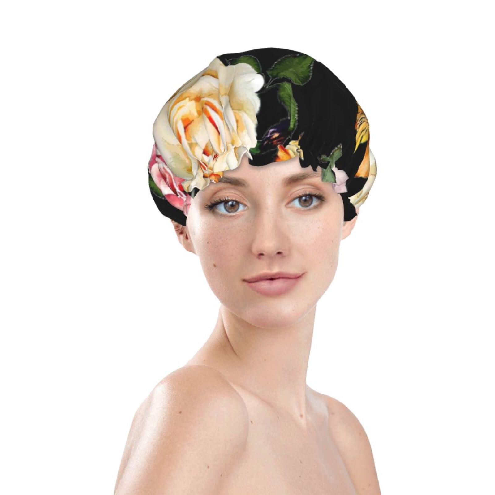 WURTON WURTON Cream Shabby Rose Flower Print Soft Shower Cap for Women, Reusable Environmental Protection Hair Bath Caps