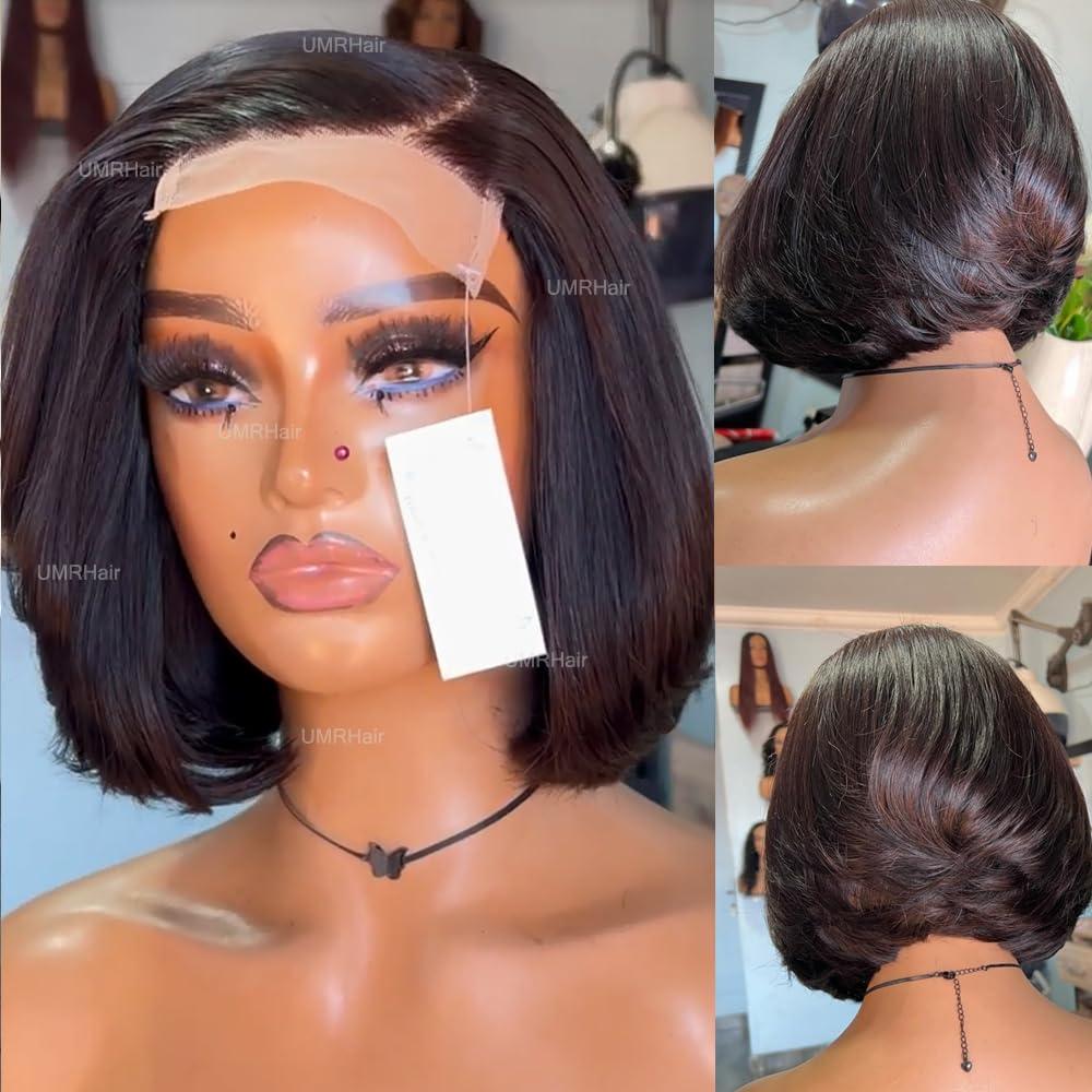 UMRHair Layered Haircut Face Framing Frontal Wigs for Women 13X6 Deep Part Short Cut Bob Wig Human Hair 13x6 Frontal Lace Glueless Wig Natural Black 8inch 130Density