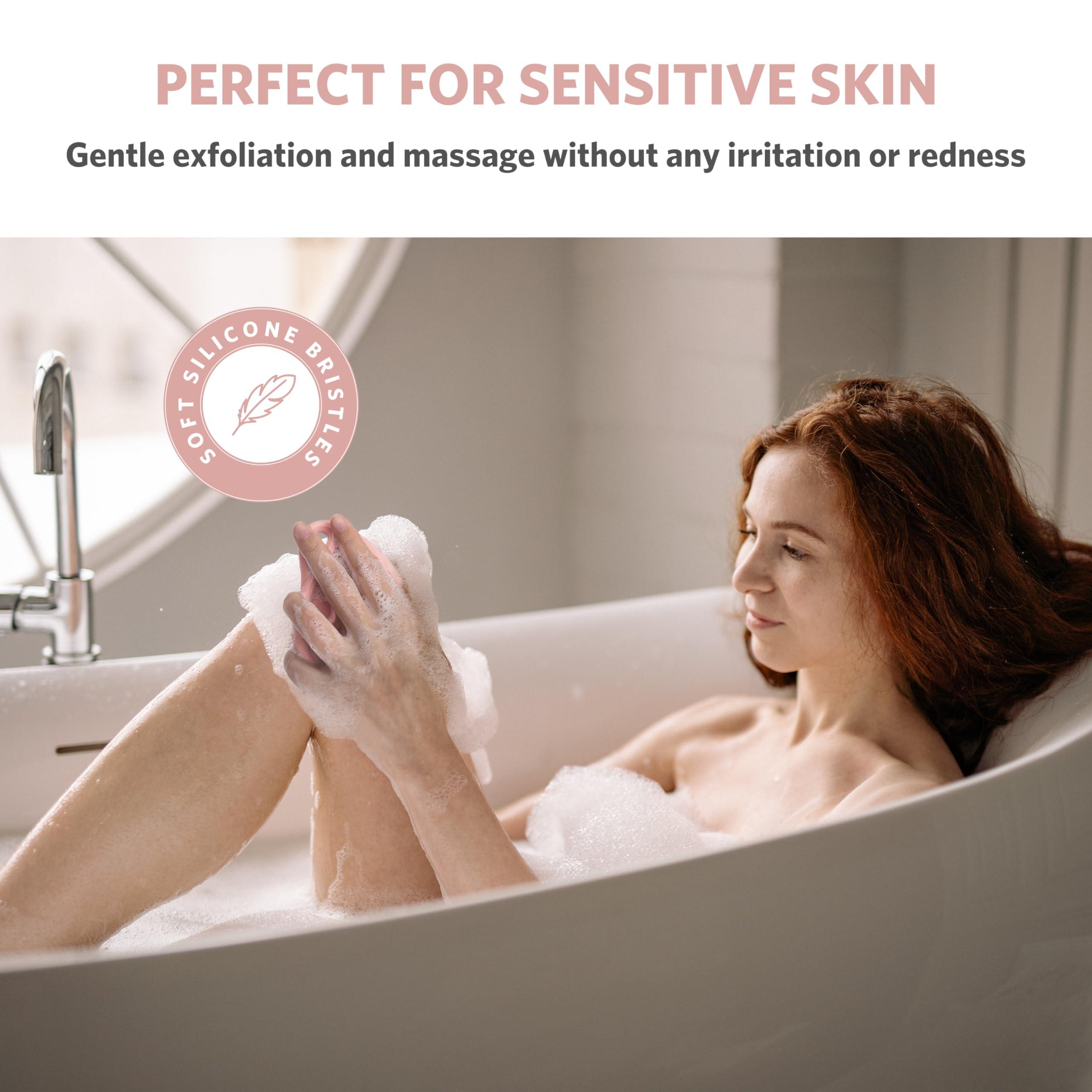 Sndyi Sndyi Silicone Body Scrubber, Gentle Exfoliating Body Scrubber for Sensitive Skin, Leaf Shaped Shower Scrubber for Body with Lathering Bristles, Silicone Loofah Body Brush for Showering, Pink