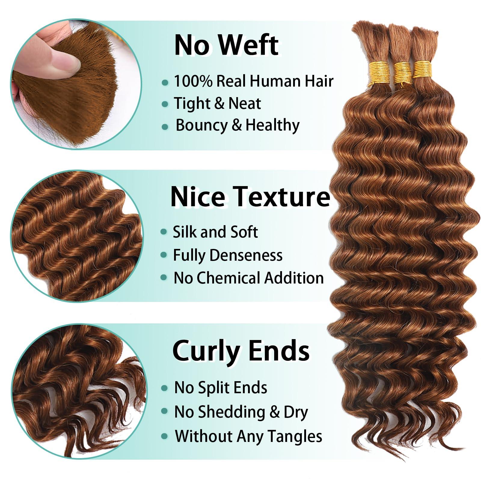 MOTFIN Human Braiding Hair for Boho Braids Human Hair Braiding Hair 110g 24 Inch Curly Boho Hair for Braiding Knotless 12A Deep Wave Bulk Human Hair for Braiding Bohemian 3 Bundles/Pack Auburn Ginger