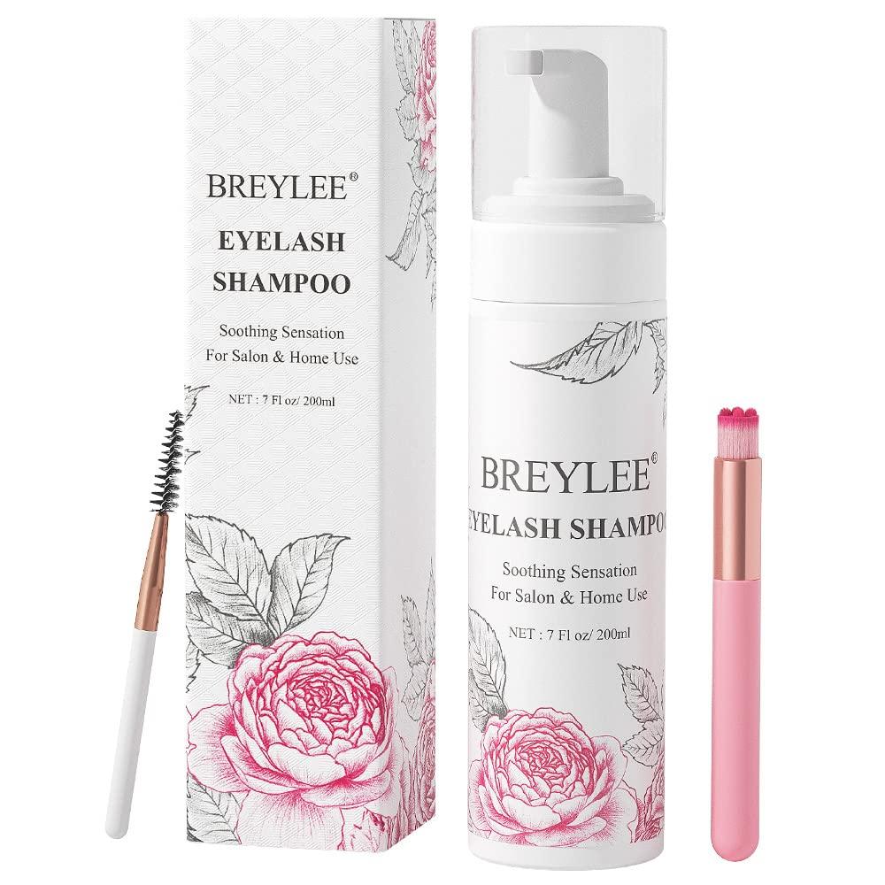 BREYLEE Eyelash Extension Cleanser, BREYLEE Eyelash Extension Shampoo Eyelash Extension Foam & Brushes Eyelid Cleanser for Makeup Remover Paraben & Sulfate Free for Salon and Home Use(200ml, 7 fl oz)