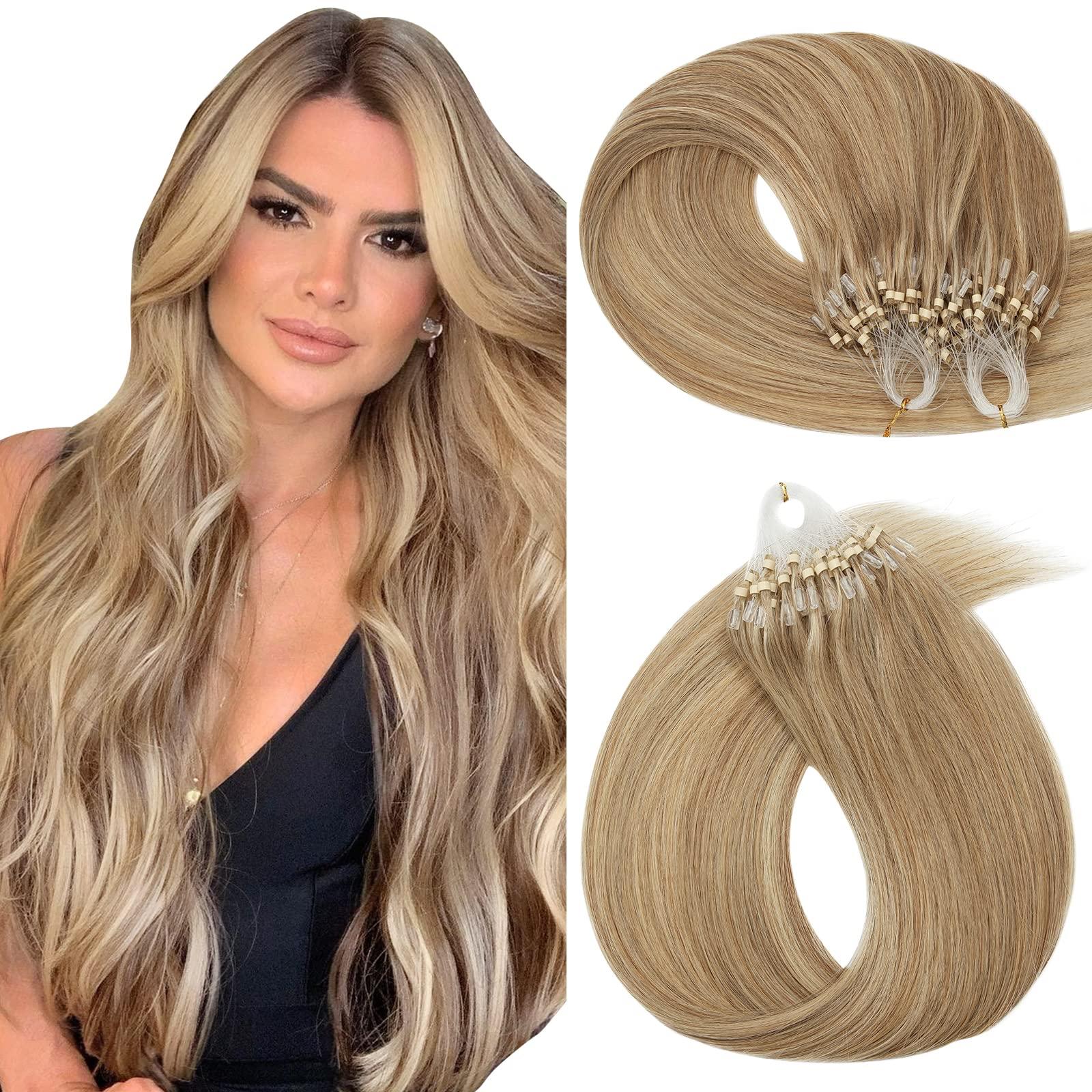 Hairro Hairro Micro Ring Hair Extensions Micro Link Human Hair Micro Beads Remy Hair Micro Loop Pre Bonded Cold Fusion I Tip Hairpiece For Women 14 inch 50g 100 Strands #12P613 Golden Brown Mix Bleach Blonde