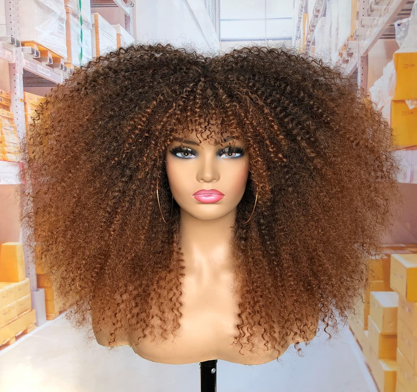 MURAMURA HAIR MURAMURA HAIR 18Inch Long Curly Wig With Bangs for Black Women Afro Bomb Kinky Curly Wig Fluffy and Soft Synthetic HairBlack to Brown