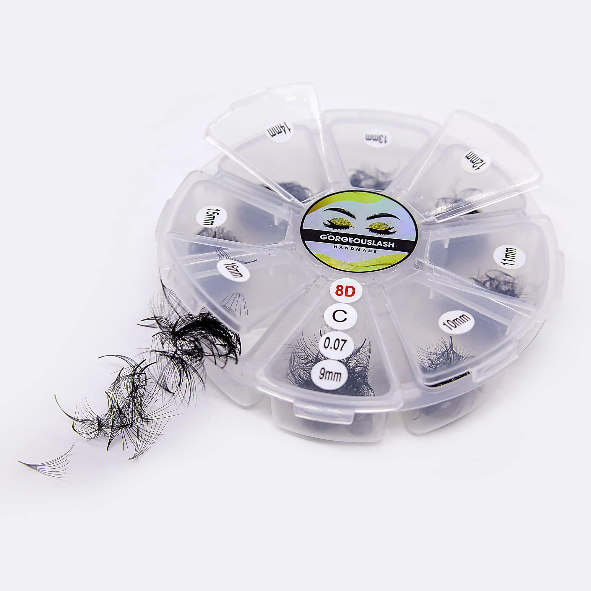 GorgeousLash Mixed Length 8D Lashes, Premade Volume Lash Fans, Eyelash Extensions. Handmade! (C Curl - 0.07, 09 to 16mm)