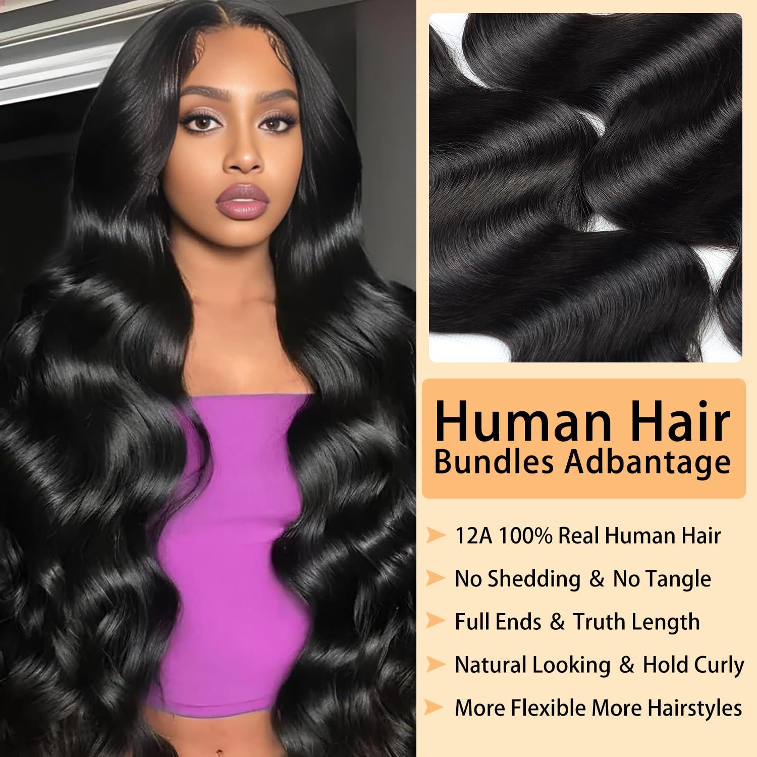 Tahikie Tahikie Body Wave Bundles Human Hair 28-34 Inch 12A Brazilian Virgin Hair Quick Weave 3 Bundles Deals Human Hair Extensions Natural Black