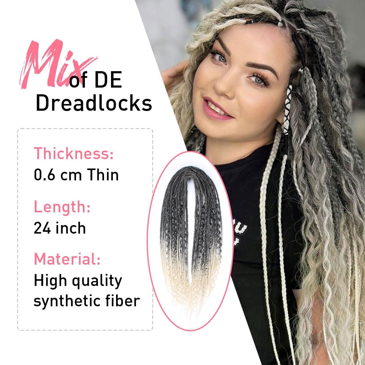 KRALER KRALER 24 Inch Mixed DE Dreadlock Extensions Sets, 3 in 1 20 Strands Synthetic Double Ended Dreads Extensions, Gray to Blonde Hippie Crochet Dreads Style for Girls