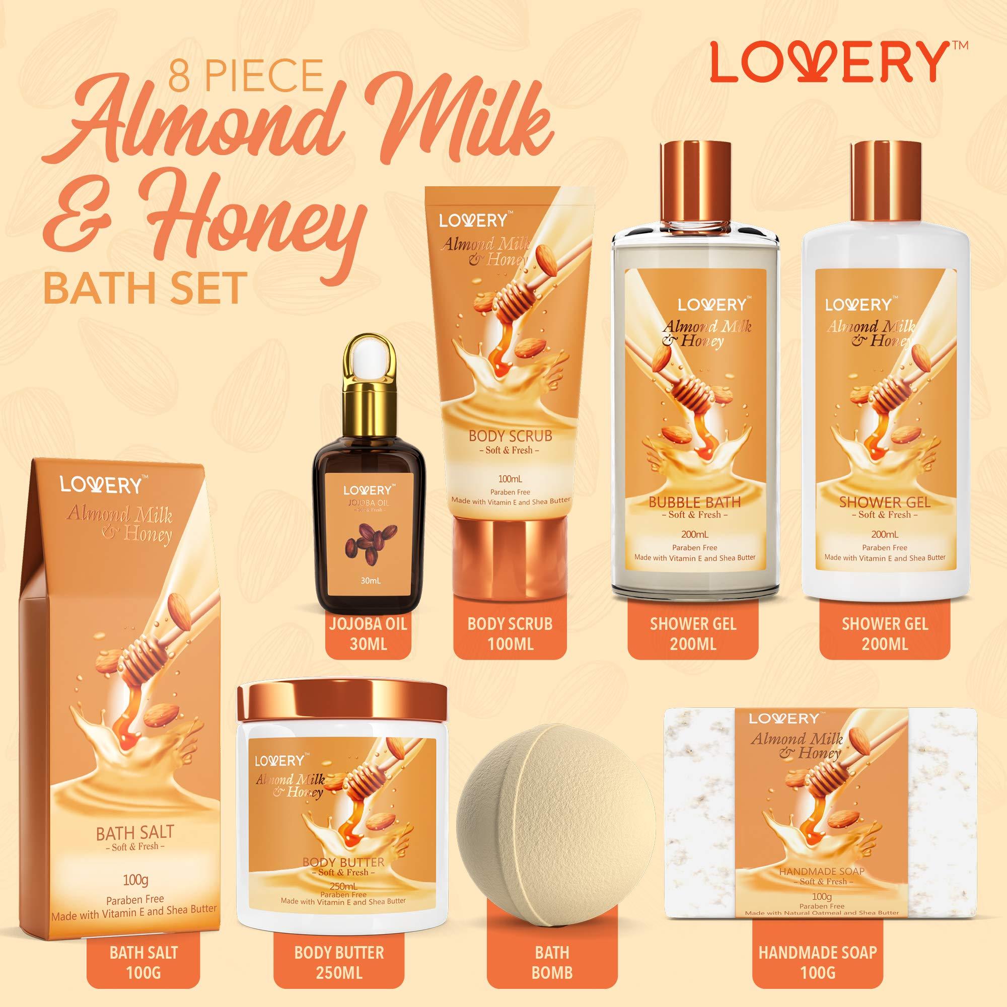LOVERY Valentines Bath Gift Set, Almond Milk & Honey Spa Kit, Shower Gel, Bath Bomb, Bubble Bath, Body Scrub, Salts, Body Butter, Jojoba Oil & Handmade Oatmeal Soap, Birthday & Holiday Gifts for Women & Men