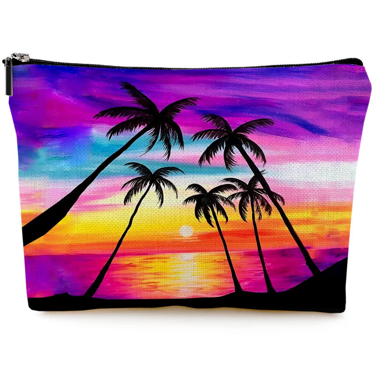 Givotin Givotin Cosmetic Bags for Women Cute Makeup Bag for Purse Canvas Travel Toiletry Bag Funny Zipper Pouch-Red Sunset Coconut Palm Makeup Bags