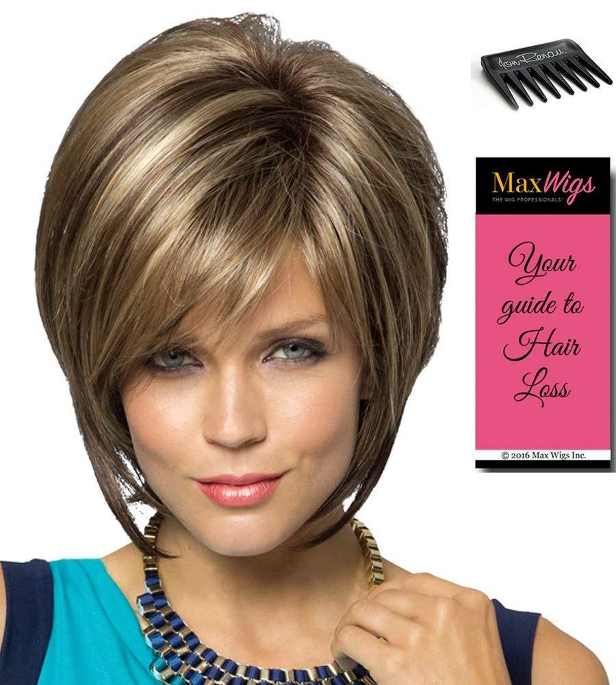 Noriko Maxwigs Reese Monofilament Part Color Creamy Toffee Rooted - Women\'s Tousled Bob Synthetic Short Choppy Layers Side Fringe Bundle with Wig Comb, MaxWigs Hairloss Booklet