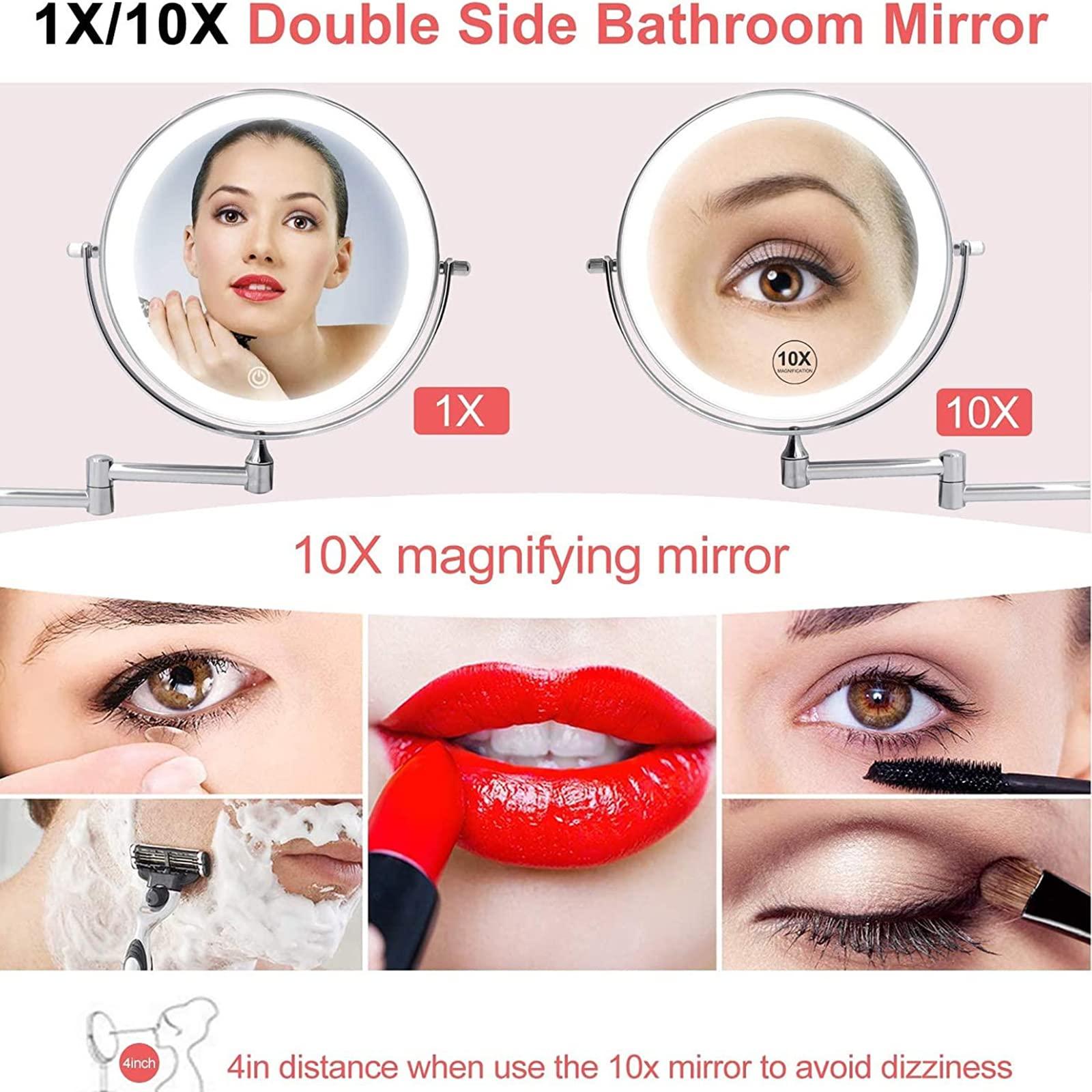 SLMASEHZX Makeup Mirror with Touch Switch LED Lights and 10x Magnification 8 Inch Double Sided Wall Mounted Bathroom Vanity Mirror with 360 Swivel Extendable Arm Nickel Hardwired (Color : Brass Size : H ( Colo