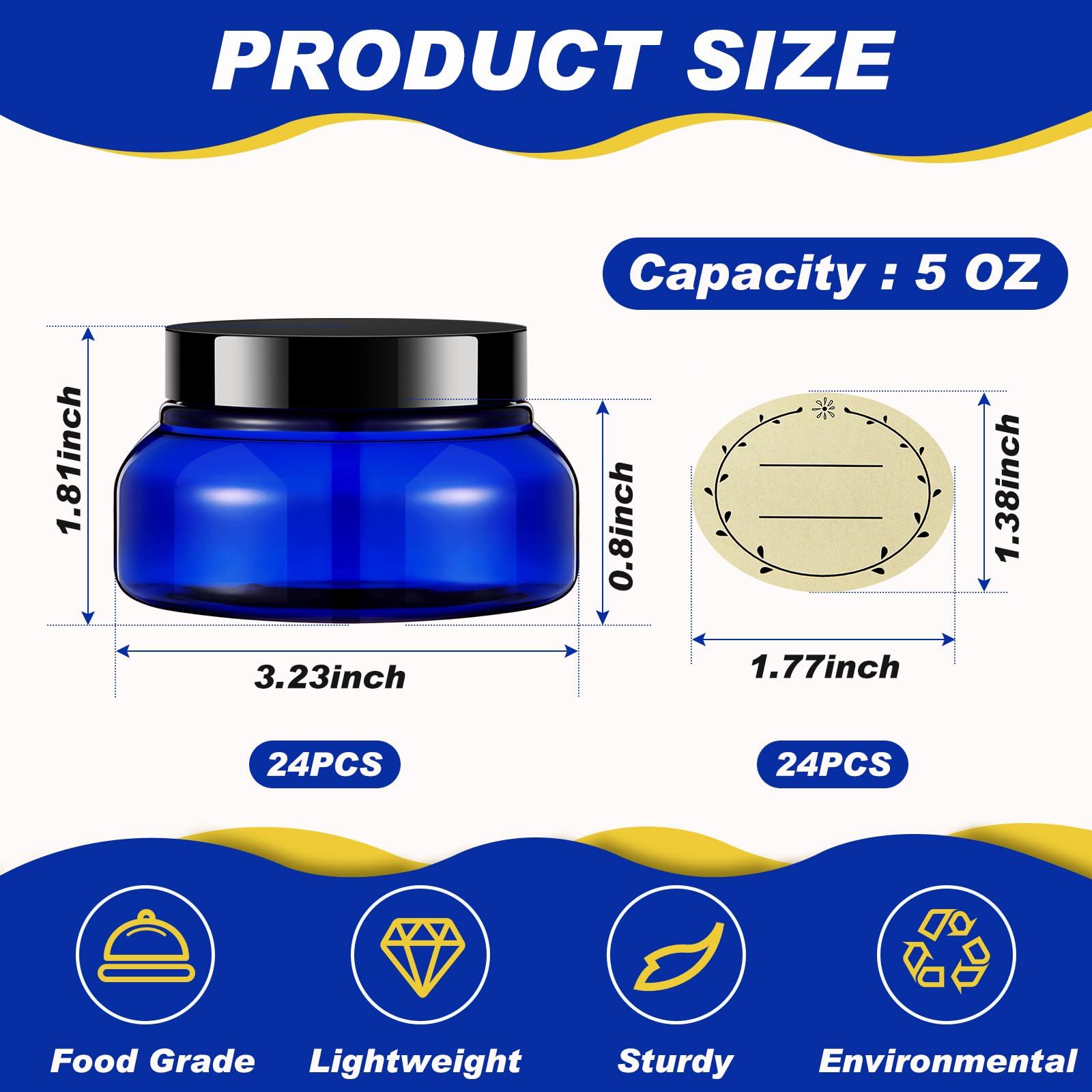 Tessco Tessco 24 Pack Plastic Jars with Lids Labels Empty Clear Plastic Jars Round Refillable Cosmetic Containers Body Butter Containers Bulk Sugar Scrub Bottle for Make Up(5 oz,Translucent Blue and Black)