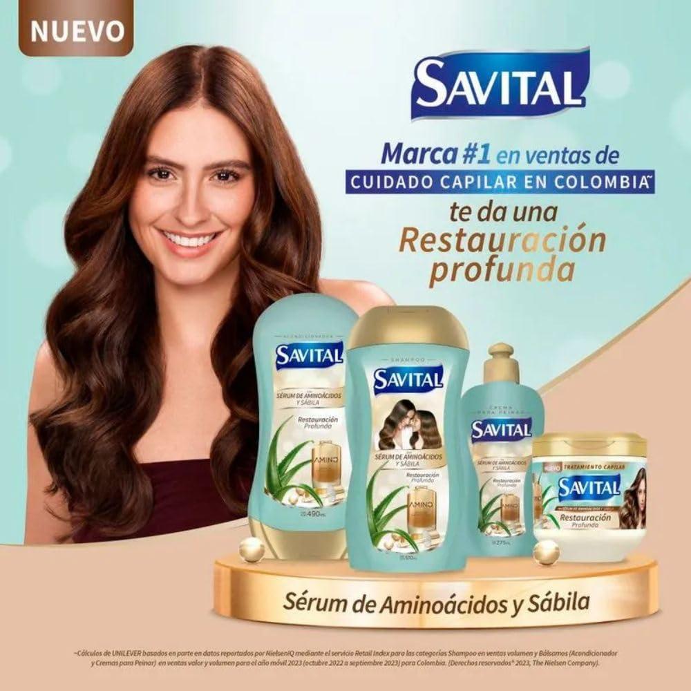 RUUFE Savital Shampoo Colombiano (4 Pack) Savital Shampoo Serum de Aminoacidos y Sabila, Savital Acondicionador Aminoacidos, Savital Crema para peinar y Savital Tratamiento de Aminoacidos y Sabila