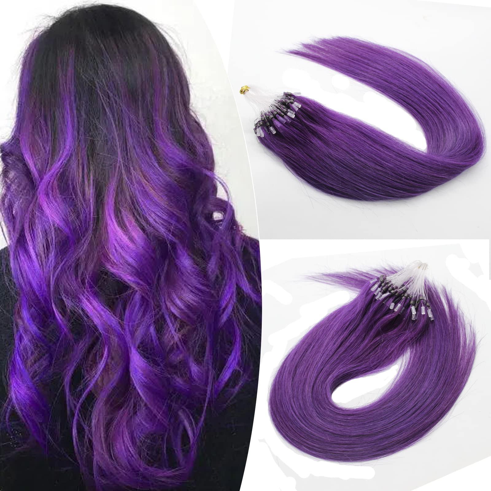 Yotty Yotty Purple Hair Extensions Real Human Hair Micro Ring Loop Micro Beads Link Colored Hair Extensions Lila 18inch 100strands 50gr