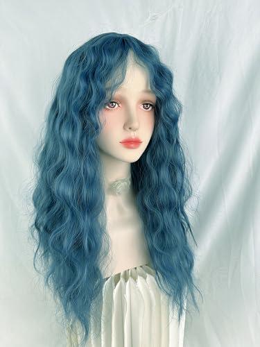 huafan luxkazya huafan luxkazya Blue Wig Long Curly Wig with Bangs Lolita Wig Long Wavy Synthetic Wig for Women Daily Party Use