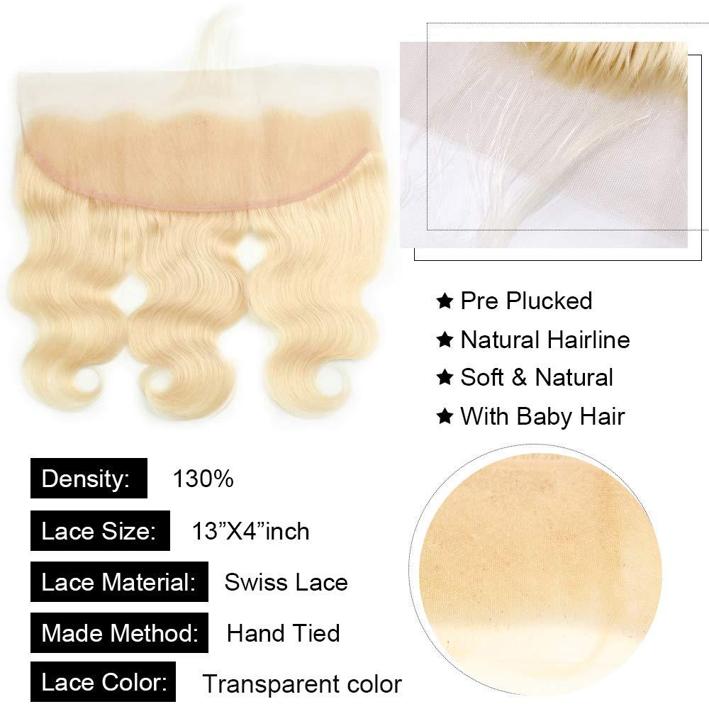 rcmei 613 Bundles with Frontal Peruvian Hair Blonde Body Wave Human Hair Bundles with Transparent Color Lace Frontal with Baby Hair Ear to Ear Honey Blonde Remy Hair Can Be Dyed (161618+14 inch, 613)