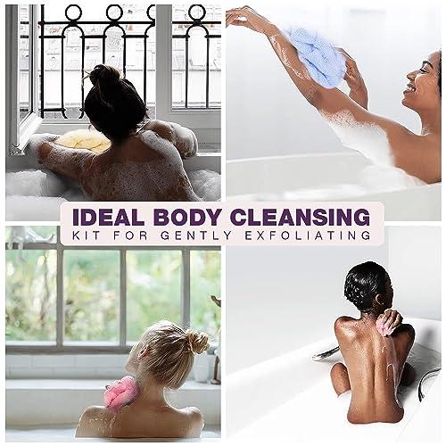 RIUOTA 3 Pieces Exfoliating Washcloth Shower Towel African Net Sponge Japanese Wash Cloth Face Exfoliating Sponge Loofah Exfoliating Body Scrubber for Body Exfoliation(Black White Blue)