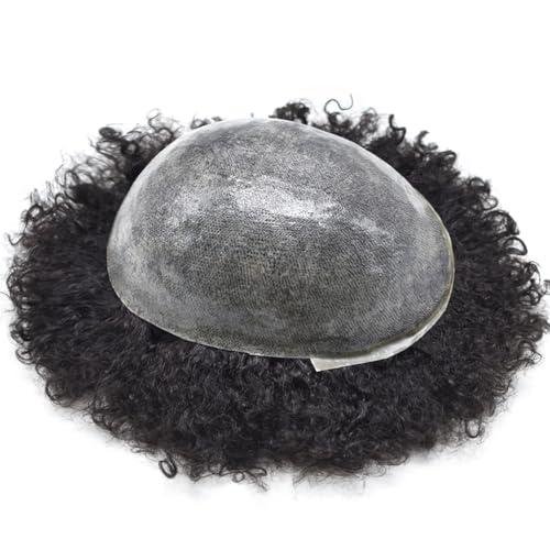 Hair Wonders Afro Toupee for Black Men Soft Full Poly African American Men Toupee Kinky Curly Brazilian Human Hair Pieces Man Weave Hair Unit Black Men 8x10 inch Hair Units for Black Men 1# JET BLACK 12mm wave