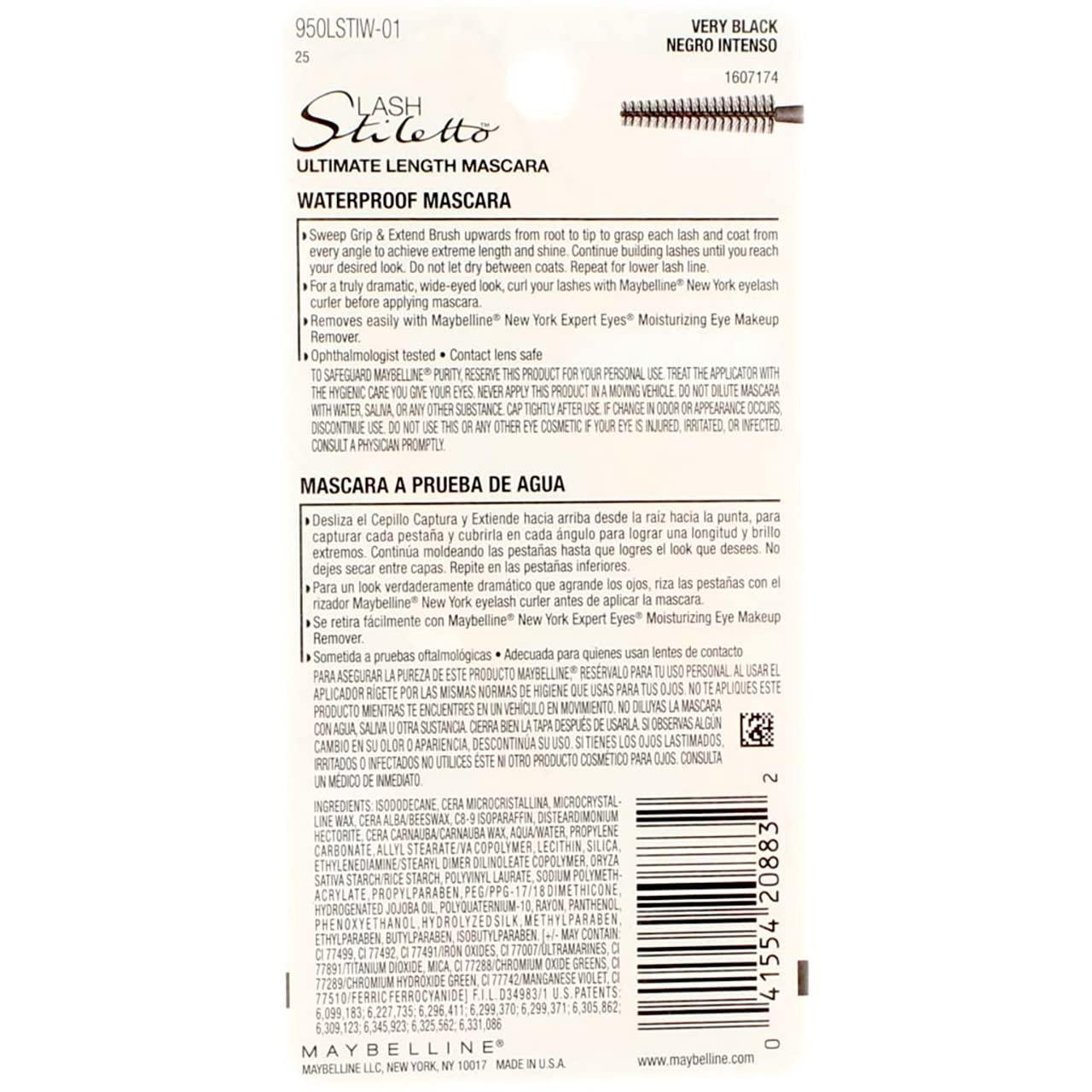Maybelline New York Maybelline New York Lash Stiletto Ultimate Length Waterproof Mascara, Very Black [961] 0.22 oz (Pack of 3)