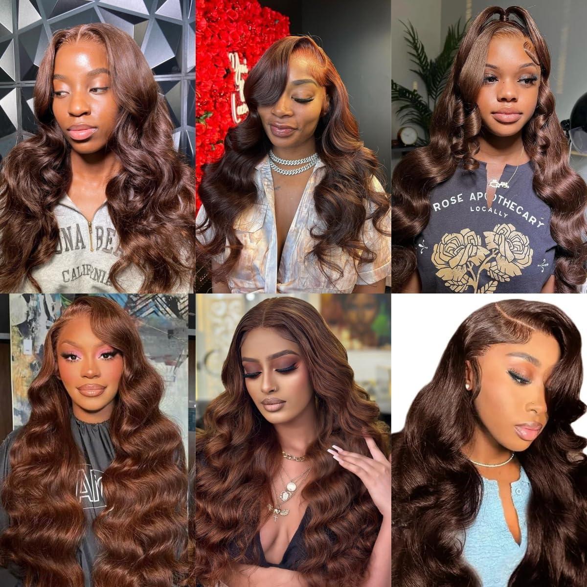 Fongly 26 Inch Chocolate brown Lace Front Wig Human Hair 13x6 HD Transparent Body Wave Lace Front Wigs Human Hair Pre Plucked Glueless Frontal Brown Wig Human Hair 200% Density Colored #4 Human Hair Wigs