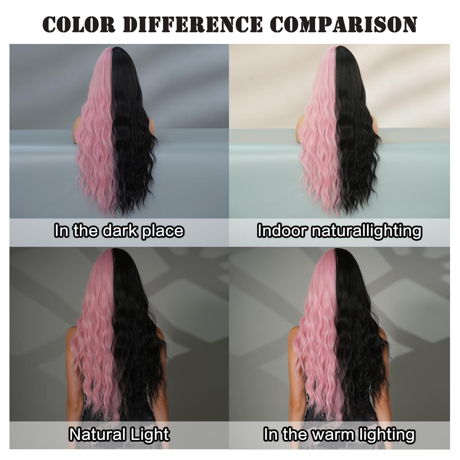 7JHH WIGS 7JHH WIGS 31in Half Black Half Pink Long Loose Wavy Wigs with Bangs Natural Heat Resistant Synthetic Fiber Highlight Ombre Curly Wave Black Pink Women Wigs for Chrismas Daily Party Daily Used