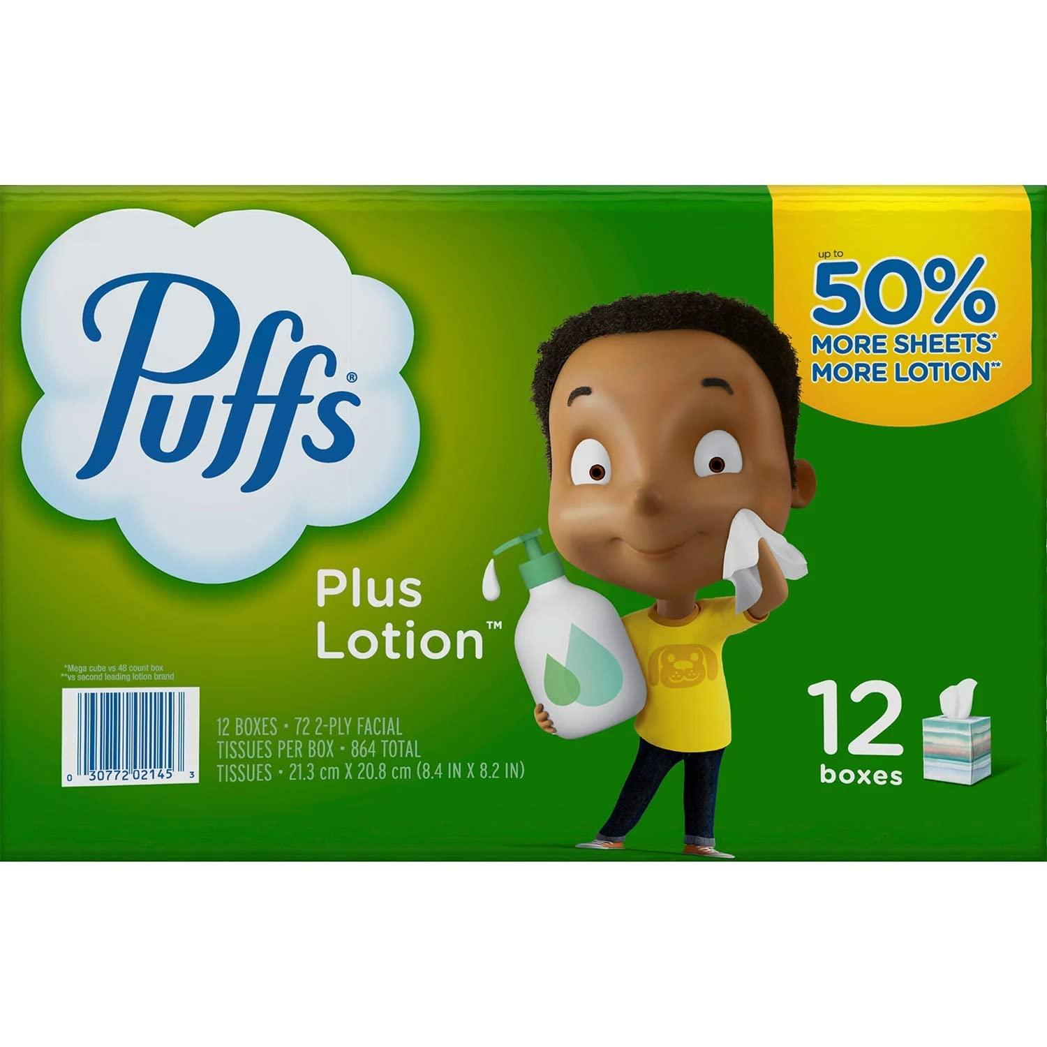 Puffs Puffs Plus Lotion Facial Tissues (72 tissues/Cube, 12 mega Cubes)
