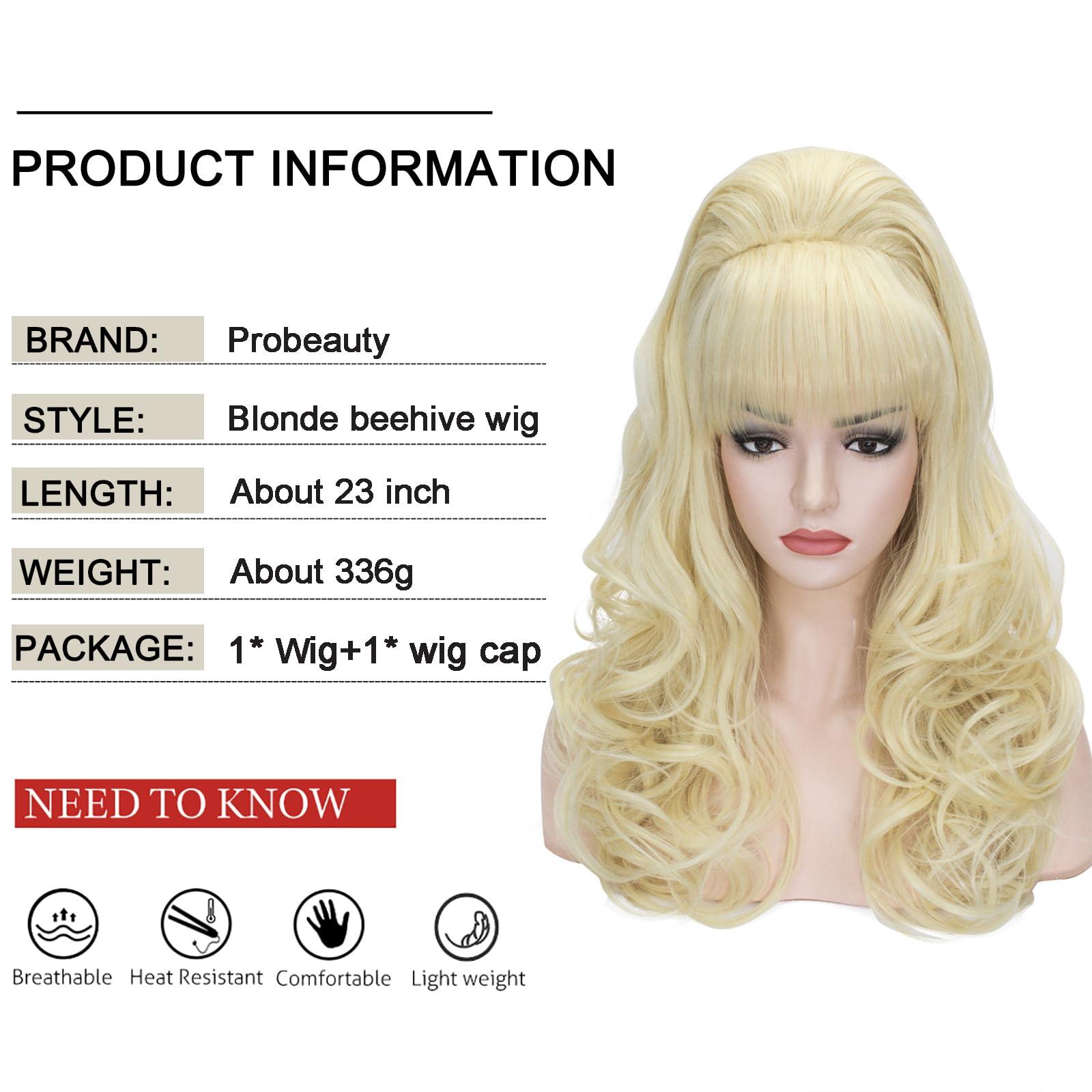 PROBEAUTY Probeauty Long Wave Blonde Bouffant Beehive Wigs Big Curly Wavy Retro Wigs for Women 70s 80s Costume 23 Inch