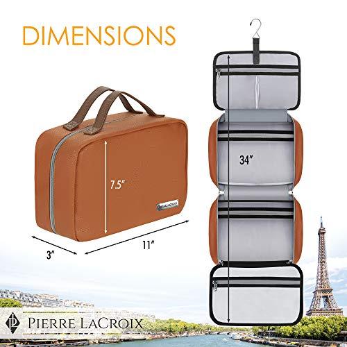 Pierre LaCroix Hanging Travel Toiletry Bag for Women and Men (100% Leak Proof & Doubles as a Cosmetic/Makeup Bag) | Large (34”x11”) | Clear Pockets | Detachable Compartment | Cruelty-Free Leather | (Brown)