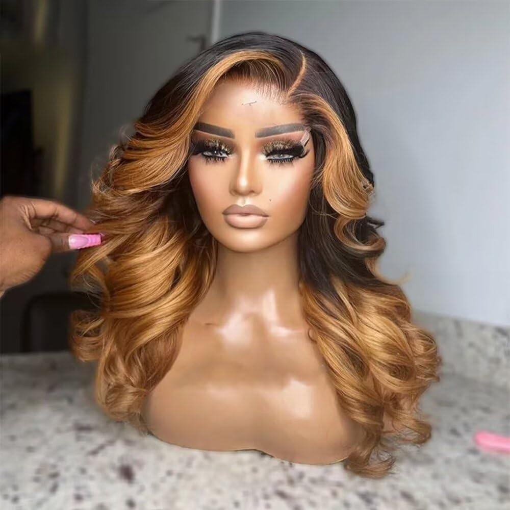 oulaer Ombre Blonde Color Lace Front Human Hair Wig Highlight 1b/27 Body Wave Brazilian Remy Human Hair Wig 13x6 HD Transparent Lace Wig 150% Density Pre Plucked with Baby Hair Natural Hairline 24inch