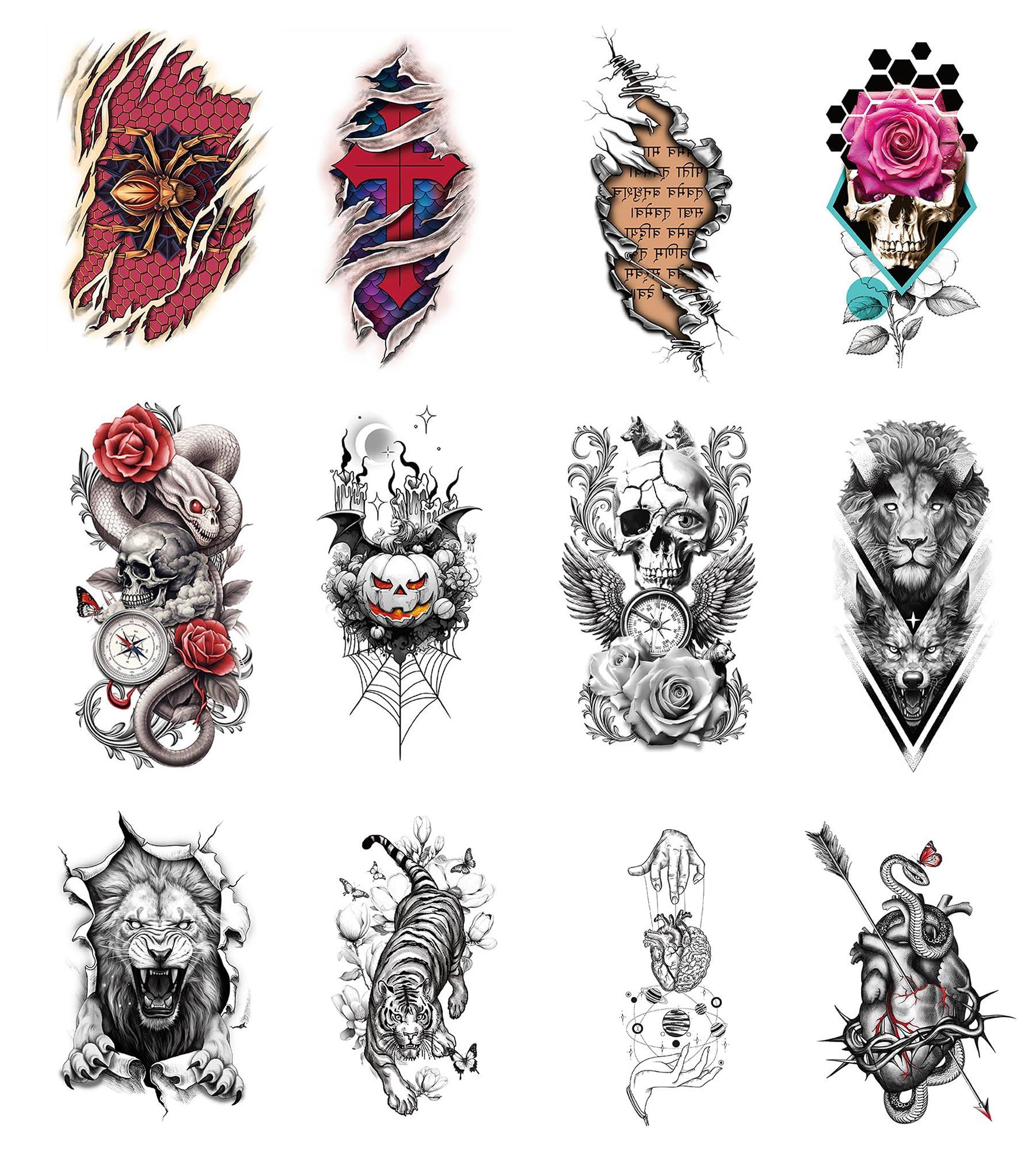 MuDson 40 Sheets Semi Permanent Tattoo for Adults, 12 Sheets Fake Tattoos for Arm Chest Shoulder, 28 Sheets Removable Tattoos for Men or Women