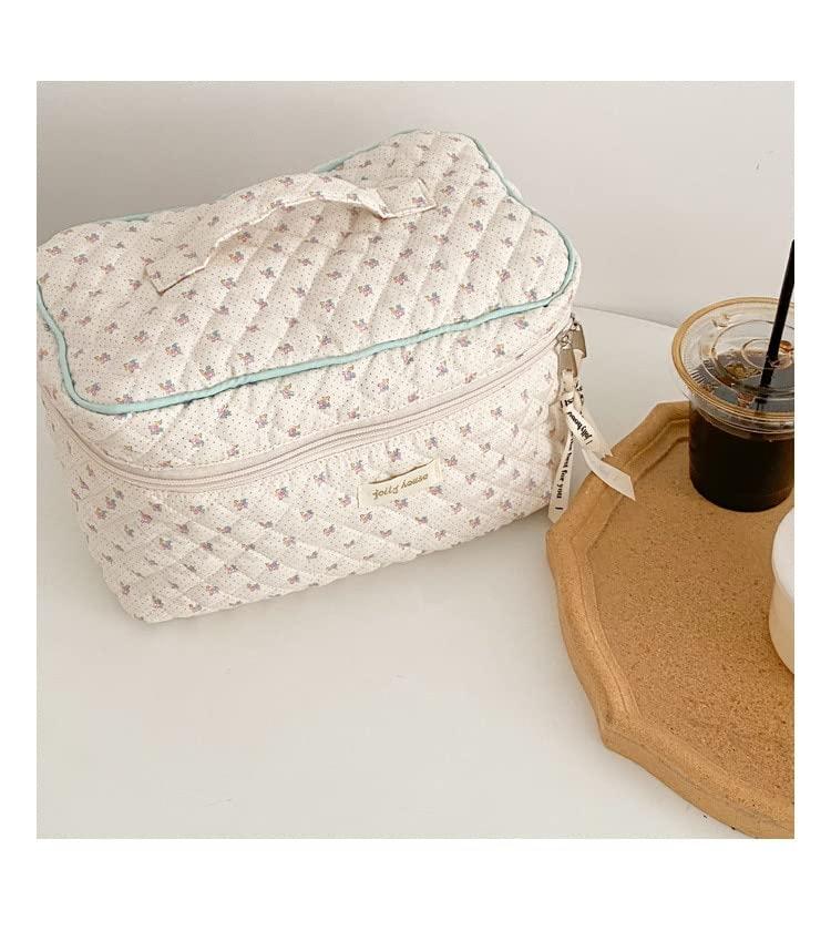 GESALOP GESALOP Cute Quilted Cotton Makeup Bag Lady\'s Zipper Cosmetics Organizer Portable Girl Kawaii Toiletries Box Y2K Accessories (White)