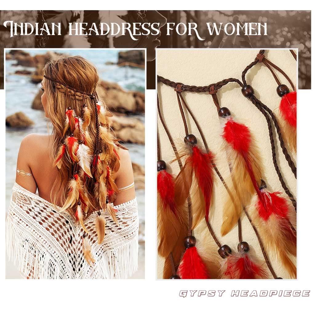 GORTIN GORTIN Boho Feather Headband Gypsy Costume Headdress Black Bohemian Hippie Headbands Indian Festival Hair Band Adjust Long Feather Headpiece Hair Accessory for Women and Girls (Red+Brown)