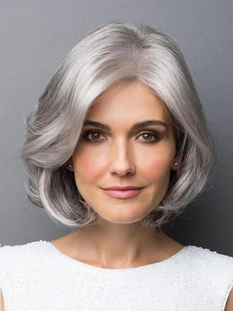 SonGxu Ombre Grey Wavy Bob Wig for Women,Short Silver Grey Wigs,Short Curly Hair Wigs for White Women Wig Layered Natural Synthetic Short Hair Wigs
