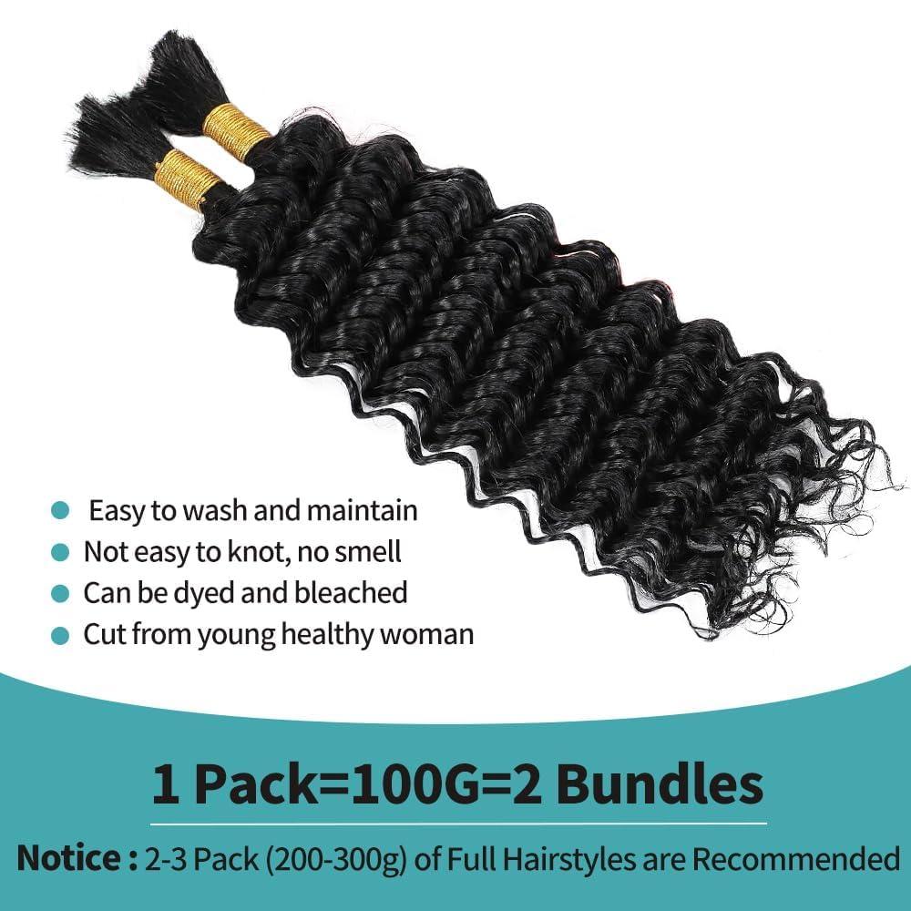 FCUFCU Human Braiding Hair 28 Inch Deep Wave Bulk Human Hair for Braiding No Weft 2 Bundles 100g Curly Human Hair for Boho Braids 100% Unprocessed Brazilian Virgin Hair for Human Hair Extensions