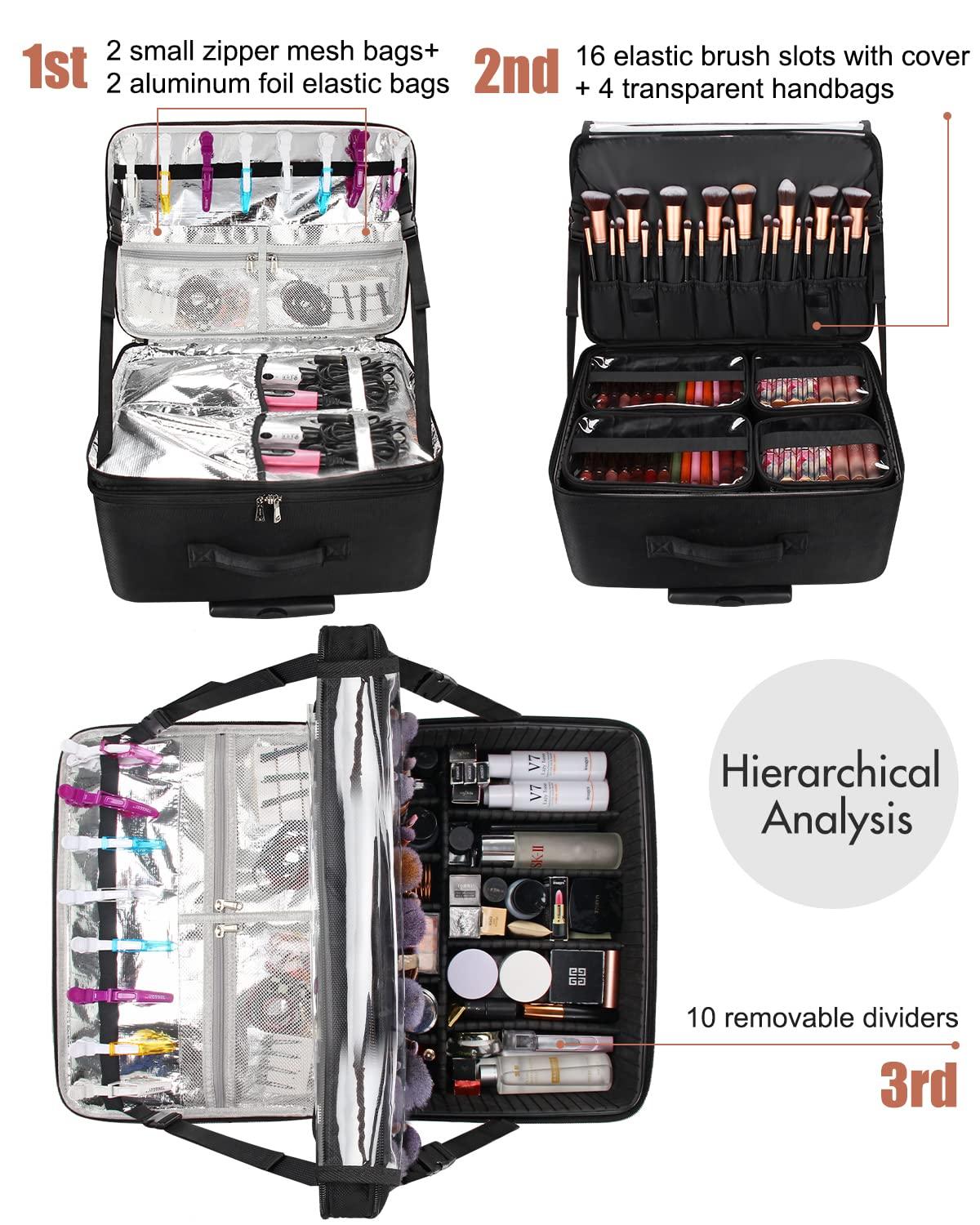 MONSTINA MONSTINA Rolling Makeup Train Case with Large Makeup Travel Train Case and 4 Portbale Cosmestic Bag,Makeup Case for Hairstylist,Makeup Artist Trolley Travel Makeup Case(Black)