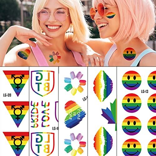 HAOYAN HAOYAN 20 Sheets Gay Pride Tattoo Stickers Set LGBT Face Rainbow Temporary Flower Arm Tattoo Stickers Rainbow Stickers