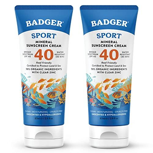 Badger Badger Reef Safe Sunscreen, SPF 40 Sport Mineral Sunscreen, 98% Organic Sunscreen Ingredients, Broad Spectrum, Water Resistant, Zinc Oxide Sunscreen, Unscented, 2.9 fl oz (2 Pack)