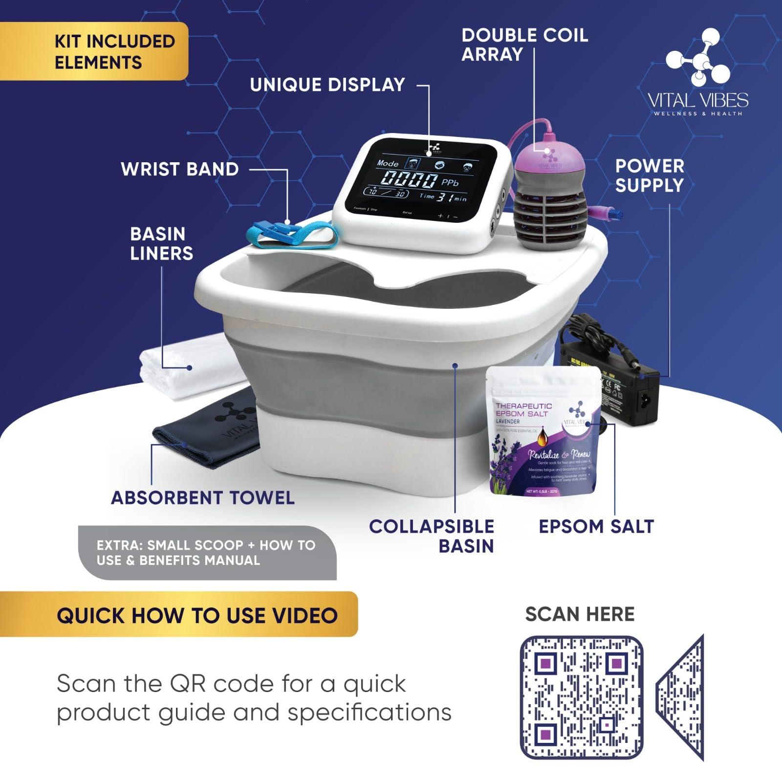 Vital Vibes Vital Vibes Ultimate Ionic Foot Bath Detox Machine - Foot Detox Machine for Spa Bath with Touch Display - Epsom Salt & Towel - Collapsible Soaking tub -Powerful Array- Ion Wristband-Tub Liners