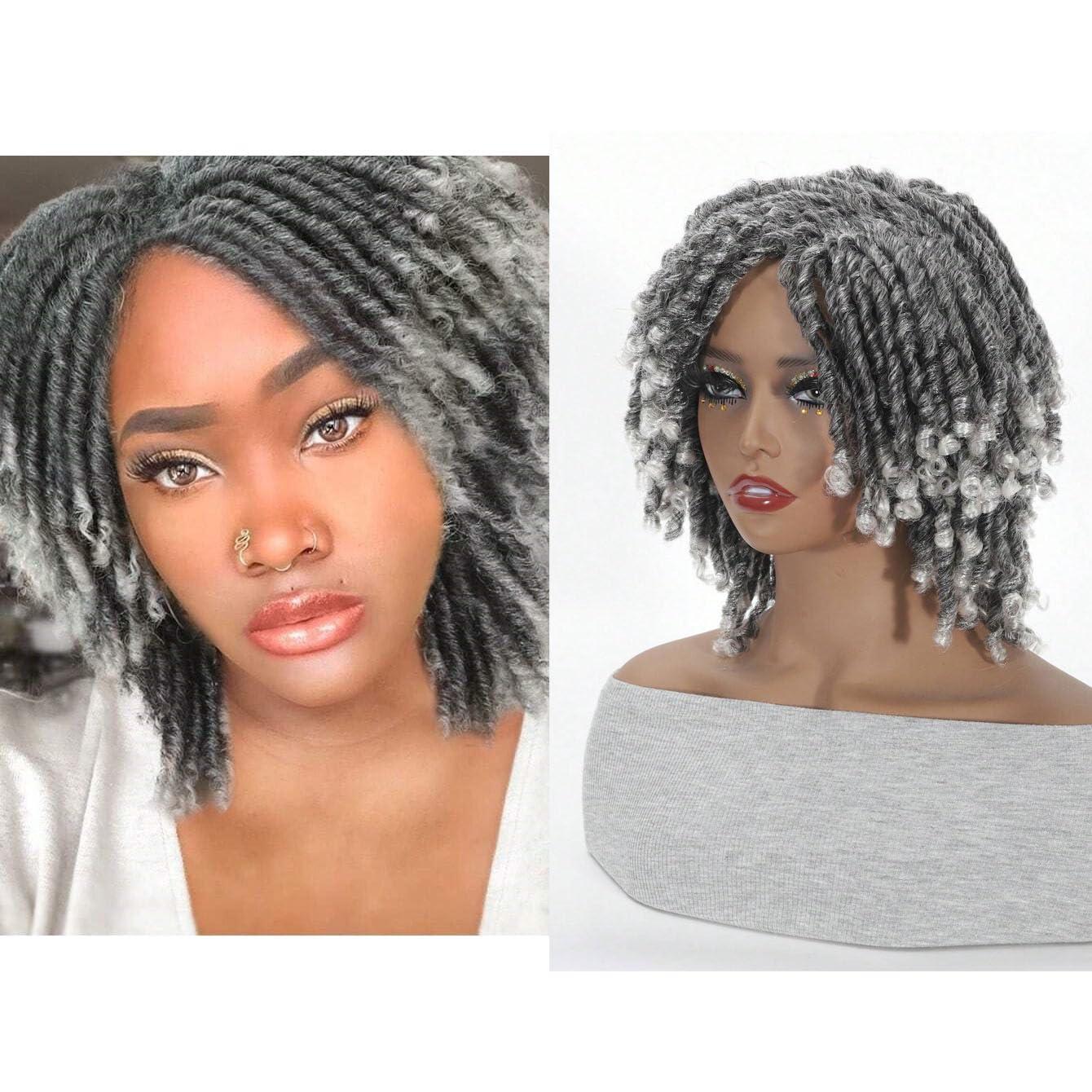 Ruilong Short Dreadlock Wigs for Women and Men, Ombre Silver Gray Afro Curly Twist Braid Glueless Wig Synthetic Heat Resistant Hair Breathable Wigs(T1B/Grey)