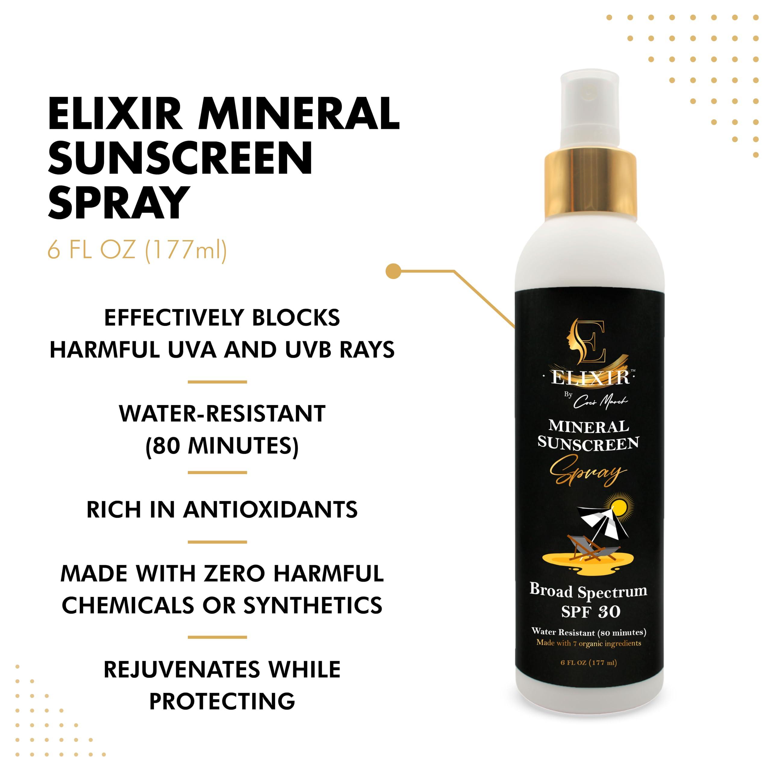 Elixir by Coc March Organic Broad Spectrum Mineral Sunscreen Spray 30 SPF Chemical Free For Adults & Children 6 fl oz Organic Aloe Vera Vitamin E & Green Tea ELIXIR by Coco March