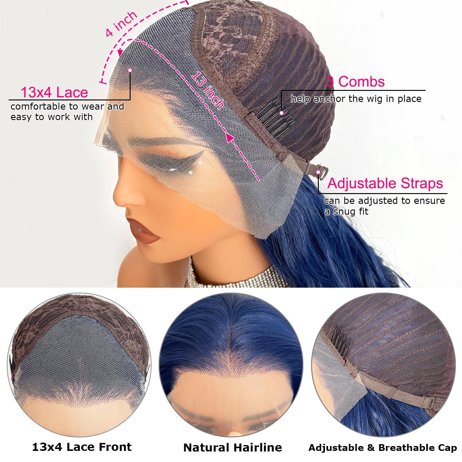 JPIKAQIU JPIKAQIU 24 Inch Dark Blue Wig Blue Lace Front Wig Pre Plucked Long Body Wave 13x3 HD Lace Wig Glueless Navy Blue Colored Synthetic Lace Front Wigs For Fashion Women