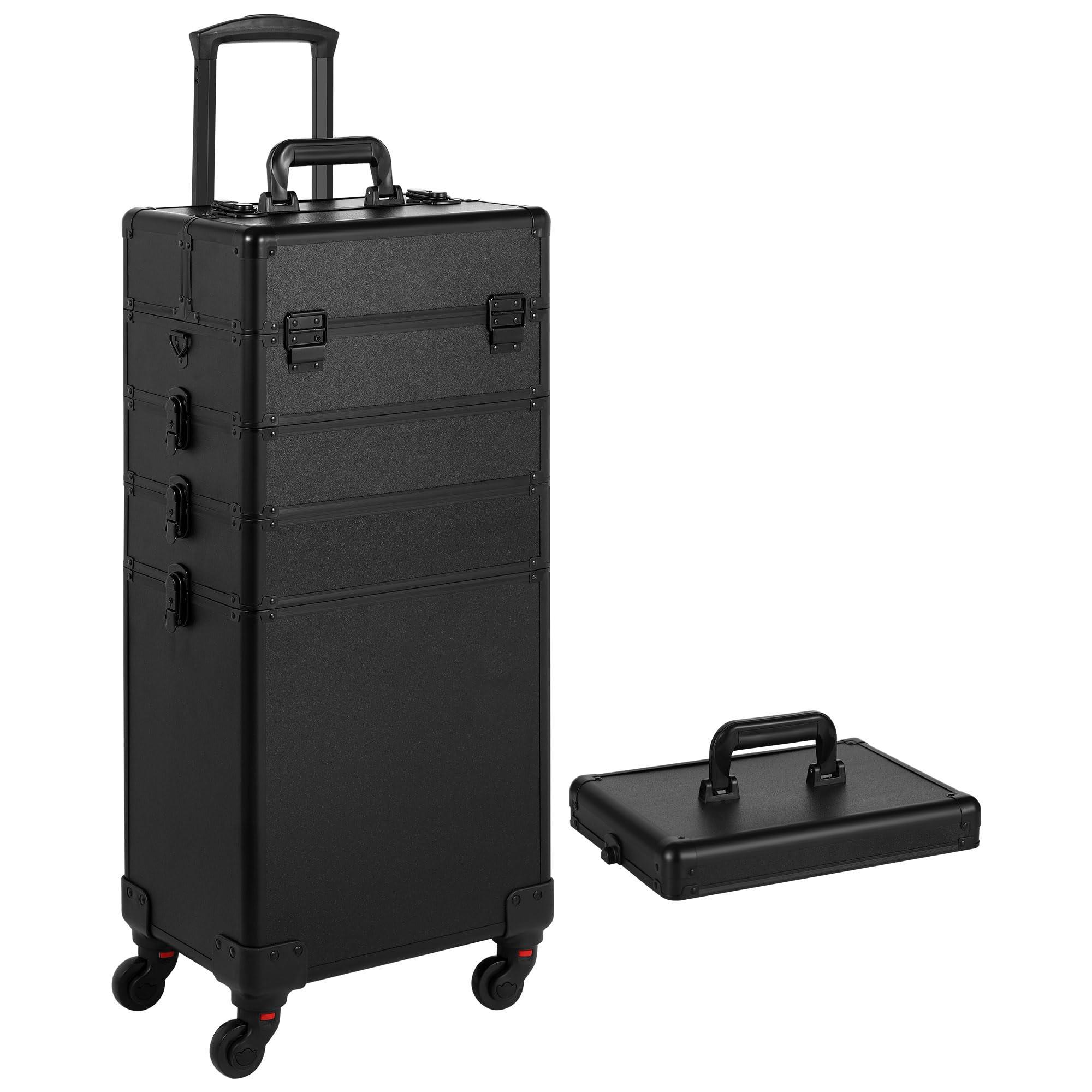 Somduy Somduy Rolling Makeup Case, Makeup Train Case with Lid, 5 in 1 Cosmetology Case on Wheels, Christmas Gift, Large Makeup Case Organizers, Profesional Cosmetic Case for Salon Barber, Black