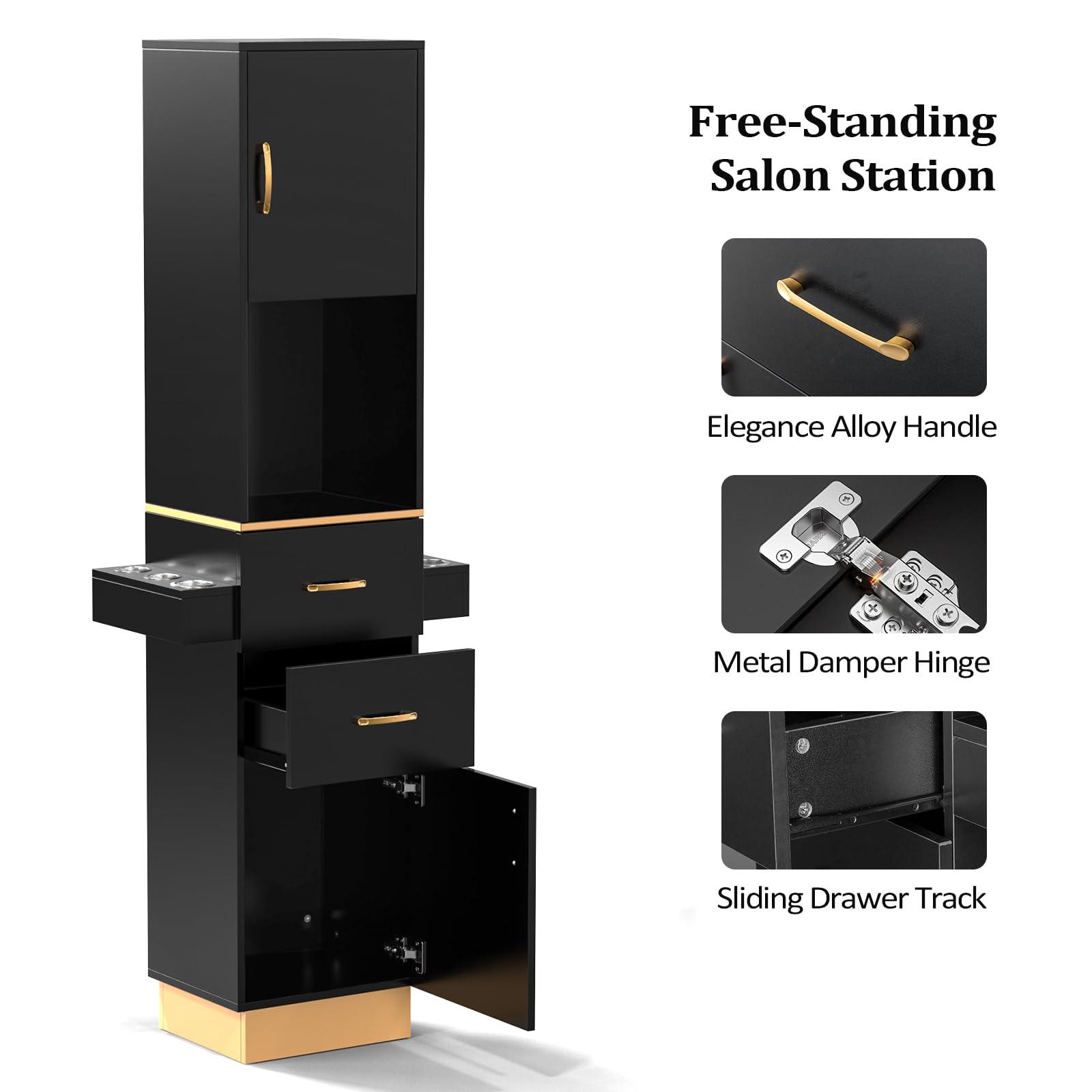 OmySalon Salon Stations for Hair Stylist, Barber Station Hair Salon Station, Beauty Salon Spa Equipment with 2 Drawers, 2 Storage Cabinet, 6 Hair Dryer Holders for Hair Styling, Black Gold
