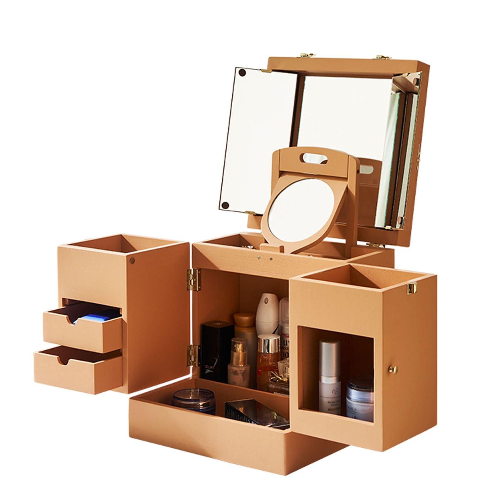 BENGAOTH-O Makeup & Jewelry Storage, Solid Wood Makeup Organizer Box,Portable Large Capacity Skincare Storage Cabinet with Mirror, Cosmetic Display Case with Drawers , Brush Perfume Jewelry Lipsticks Holder , Mu