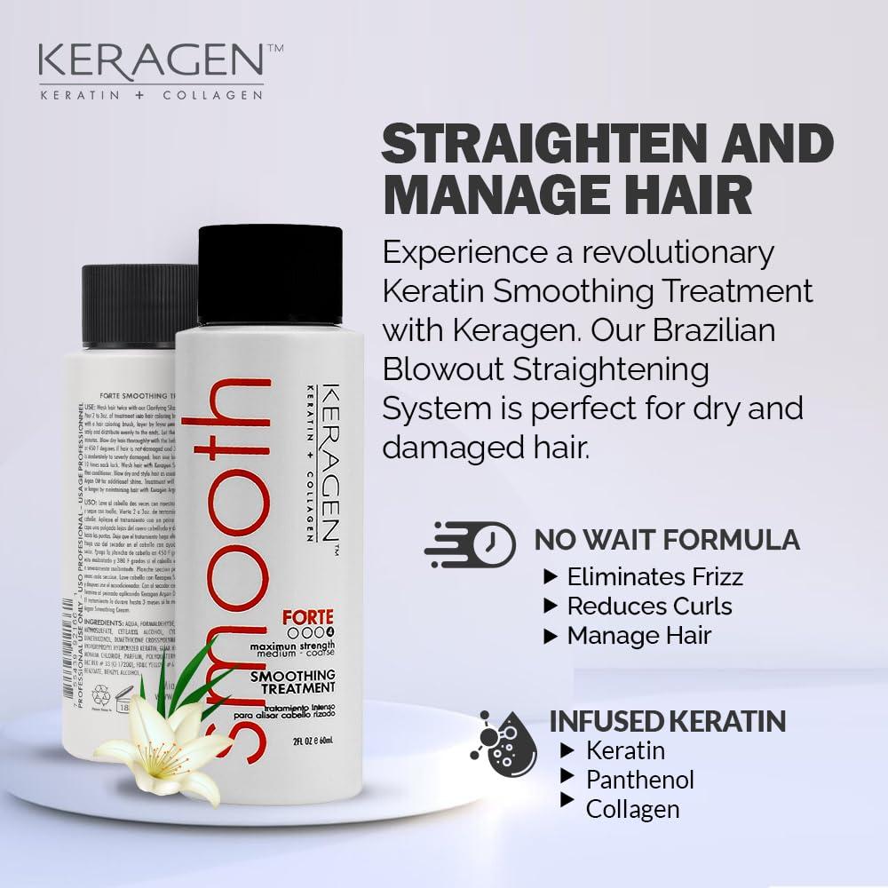 KERAGEN KERAGEN Hair Duo: Clarifying Shampoo (2 Oz) + Brazilian Keratin Smoothing Treatment (16 Oz) - Sulfate-Free, Formaldehyde-Free, Deep Cleansing, Eliminates Curls, Frizz