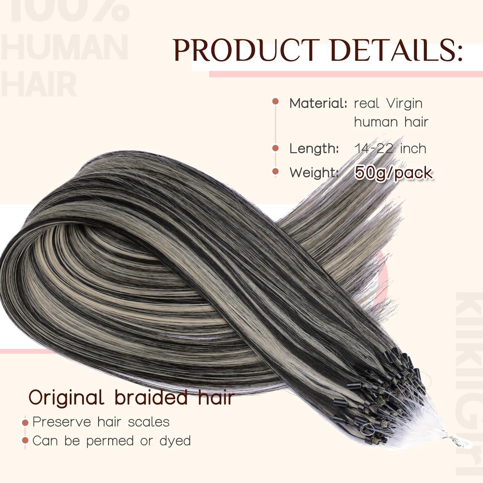 KiiKiiGirl KiiKiiGirl Micro Link Virgin Remy Hair Extensions Human Hair 16inch Microlink Beads Hair Extensions Human Hair Micro Loop Hair Extensions Real Human Hair #1B/Silver Natural Black to Silver 50G/Pack