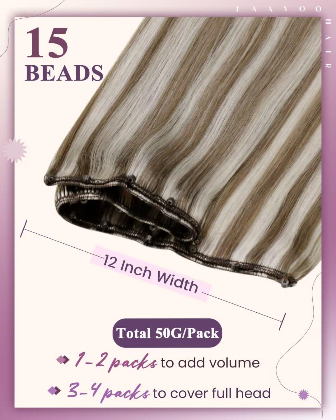 LAAVOO LaaVoo Beaded Weft Hair Extensions Human Hair Micro Bead Hair Extensions Real Human Hair Light Brown with Platinum Blonde Beaded Weft Human Hair Extensions Straight Weft Extensions 50G 20Inch